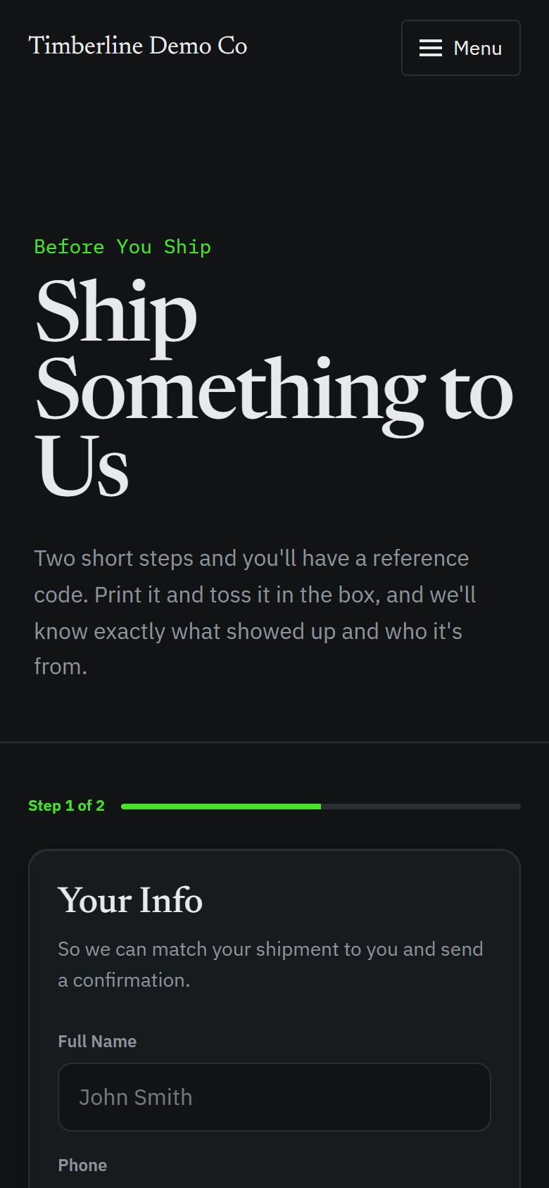Ship to us form on a phone