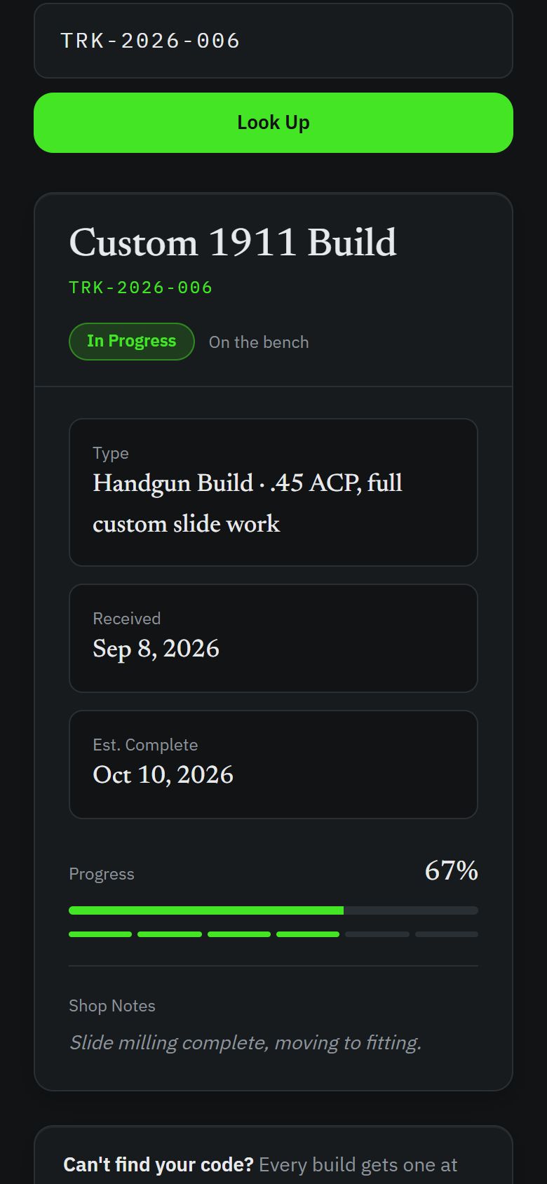 A customer checking a 1911 build's progress on their phone